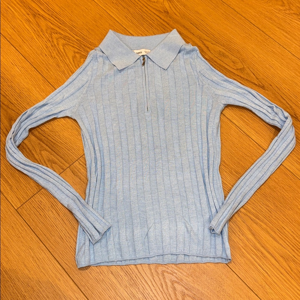 Mango Light Blue Ribbed Long Sleeve Polo Sweater
